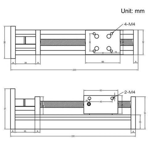 Technical drawing of 100mm Travel Linear Stage Actuator with SFU1605 Ball Screw and NEMA17 Stepper Motor showing dimensions.