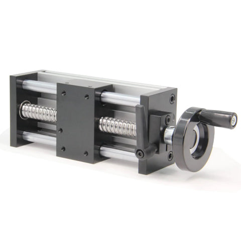 100mm Effective Travel Dual Optical Axis Manual Sliding Table with SFU1605 Ball Screw, handwheel, heavy load metal build