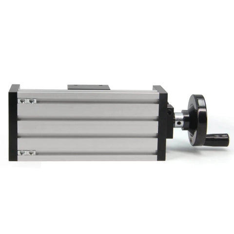 Side view of 100mm Effective Travel Dual Optical Axis Manual Sliding Table with SFU1605 Ball Screw, metal build, handwheel visible