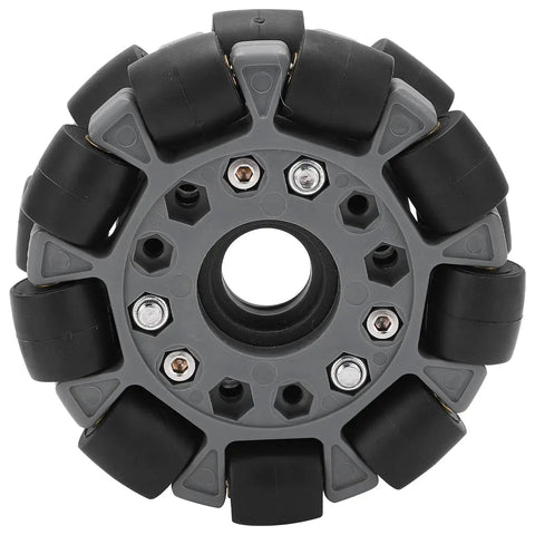 Omnidirectional 100mm Mecanum Wheel Kit For Smart Robots And DIY Robotic Projects with 20kg Load Capacity, front view.