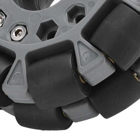 Close-up of Mecanum Wheel 100mm Omni Directional Wheel for robotic kits with high hardness plastic and copper core rollers