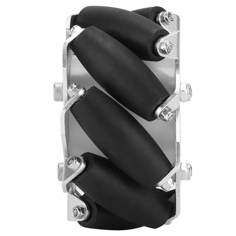 Close-up of 4pcs 100mm Mecanum Wheel Set for Robot Car with Aluminum Alloy Frame and Durable Steel Rollers, ideal for omni-directional movement.
