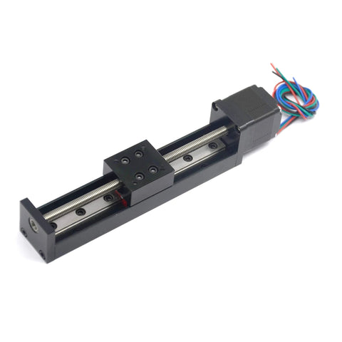 Mini linear rail guide with 100mm travel, T6x1 lead screw, black rail and slider, NEMA11 stepper motor with wiring