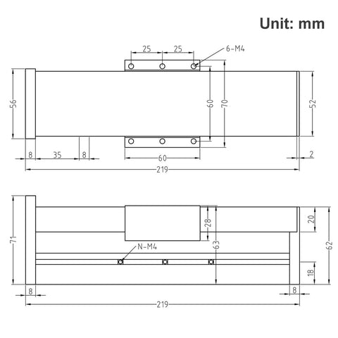 Technical drawing of 100mm Length Travel Fully Enclosed Linear Stage Actuator with Square Linear Rails Ballscrew SFU1605 with NEMA23 Stepper Motor dimensions