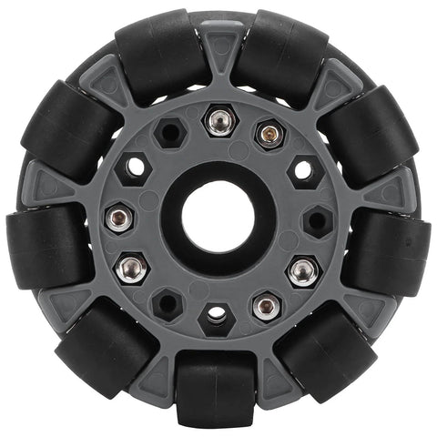 100mm Omni Wheel with double row roller design featuring nylon body rubber rollers for robot racing and RC cars.