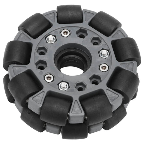 100mm Omni Wheel with double row roller design featuring nylon body rubber rollers for robot racing and RC cars, model 14041.
