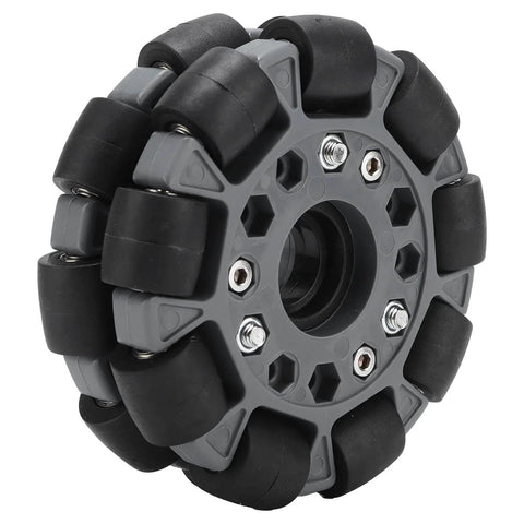 100mm Omni Wheel with double row roller design featuring nylon body rubber rollers for robot racing RC cars model 14041 side view