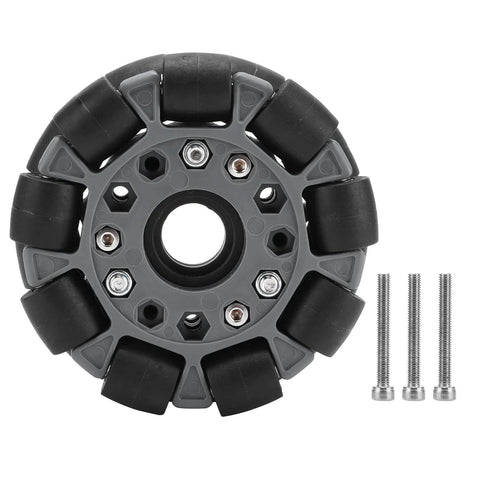 100mm Omni Wheel with double row roller design featuring nylon body rubber rollers for robot racing RC cars model 14041 front view.