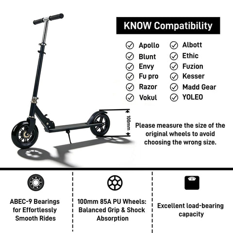 Pro Kick Scooter Replacement Wheels 100mm Pair - High-Speed Smooth Bearings Installed, Heavy Duty PU Wheels with compatibility chart