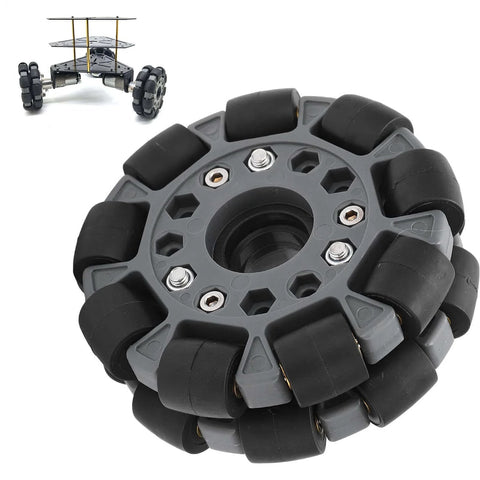 Omni Wheel for Robot 100mm 360 Degree Omnidirectional Plastic Wheel with Rubber Rollers and Brass Bearings, shown with robot.