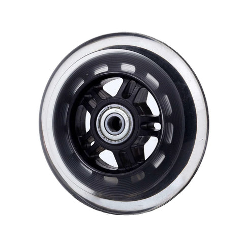 Close-up of a black 100mm scooter replacement wheel with ball bearings for pro stunt scooters, showing the wheel's design and structure.