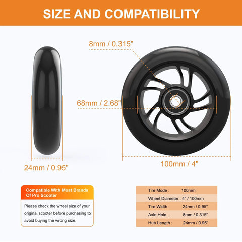 Size and compatibility guide for 100mm Pro Scooter Replacement Wheels with Aluminum Alloy Rim Anti Lock Bearings and 88A PU Tires Black