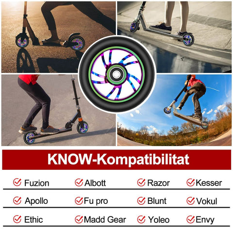 Collage showing 100mm Scooter Replacement Wheels 2 Pack with 88A PU Tires Aluminum Core installed on various scooters