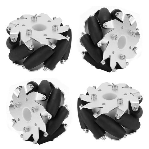 4Pcs 100mm Durable Steel Mecanum Wheels Set For Robot Car 14162 With Omni Directional Movement, shown in side angle