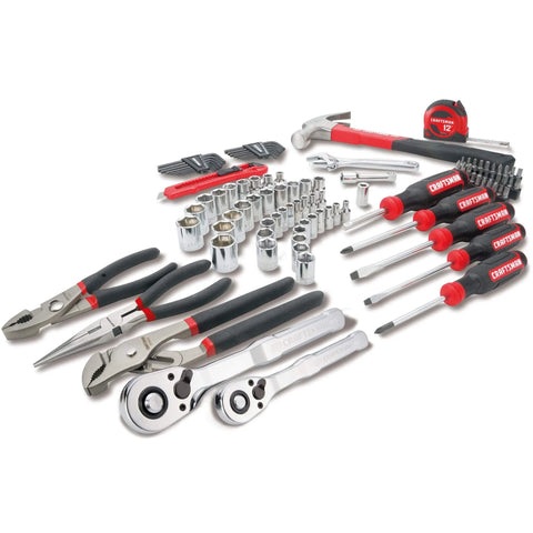 102-Piece Home And Auto Tool Kit With Low Profile 72-Tooth Ratchet And Five Degree Swing, Includes Quarter Inch And Three Eighths Inch Drive Socket Set, Screwdrivers, Wrenches, Hammer, Pliers, Knife, Hex Keys, Bits, Tape Measure In Durable Blow Mold Case displayed on a white background.