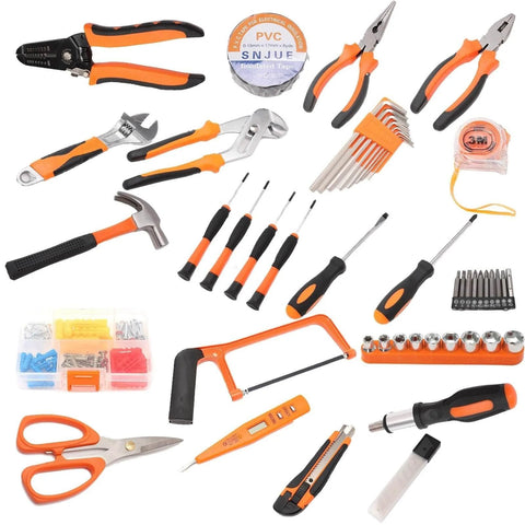 102 Piece Home Repair Tool Kit with Case for DIYers and Homeowners featuring hand tools with durable soft grip handles.