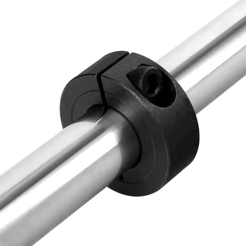 Durable 1-1/4 inch bore shaft collars set in 1045 steel, four-piece split clamp design with M4 screws, securely gripping shaft