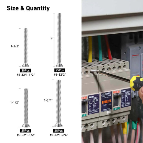 105 Pcs Extra Long Outlet Screws Kit with #6-32 and #8-32 Phillips Flat Head Machine Screws, sizes displayed.