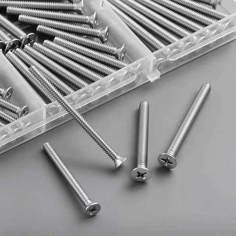 105 Pcs Extra Long Outlet Screws Kit with #6-32 and #8-32 Phillips Flat Head Machine Screws in stainless steel.