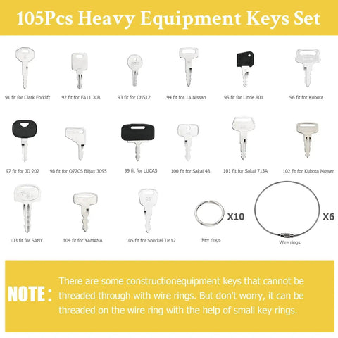 105 Pieces No Duplicate Heavy Equipment Keys Master Set with wire rings, key details for various brands, compatible with construction machinery.