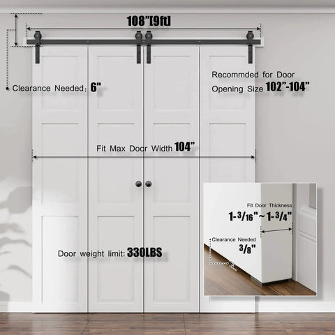 108 Inch Bi Folding Sliding Barn Door Hardware Kit With 9 Foot Heavy Duty Track And Nylon Roller Bearings For Max 26 Inch By 4 Doors, shown installed with measurements