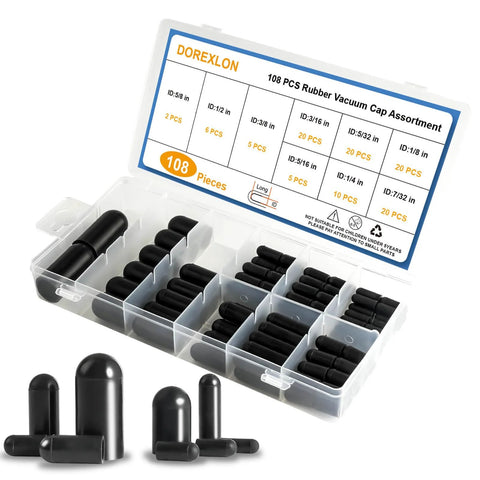 108-piece rubber vacuum cap set in a clear plastic storage box with black hose end caps for automotive use.
