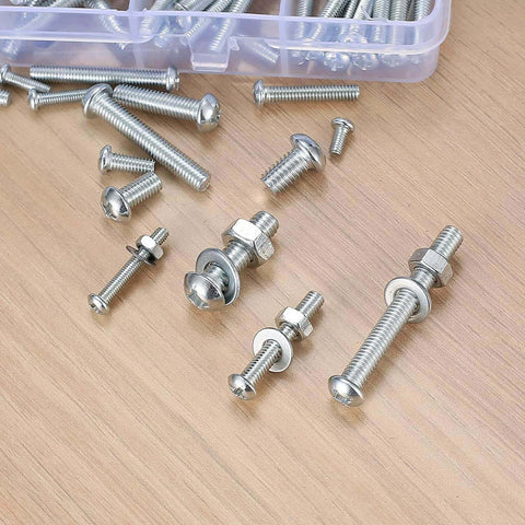 1080 Pcs Metric Screws Bolts and Nuts Assortment Kit with M3 M4 M5 M6 Cross Slotted Round Head Machine Screws display on a wooden surface.