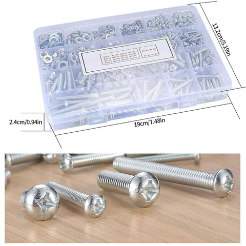 1080 Pcs Metric Screws Bolts and Nuts Assortment Kit with M3 M4 M5 M6 Cross Slotted Round Head Machine Screws neatly organized.