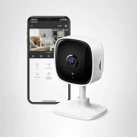 1080P Indoor Security Camera For Baby And Pet Monitoring With Motion Detection And Night Vision Two Way Audio Local SD Card Or Cloud Storage Works With Alexa And Google Home For Convenient Hands Free Home Surveillance, shown next to a smartphone app displaying live video feed.
