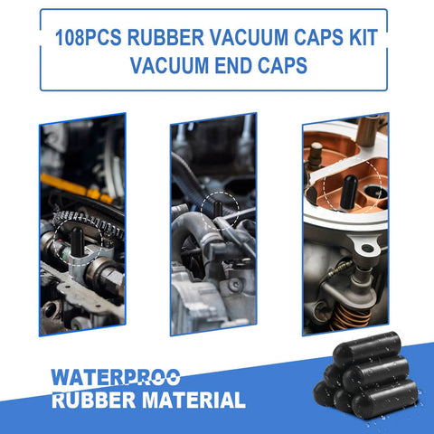 108Pcs rubber vacuum caps kit with assorted sizes 1/8–5/8 in, black end caps for carburetor and automotive manifolds
