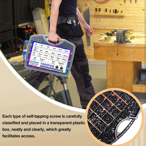 A clear case of 1095 Pcs Self Tapping Screws Assortment for Metal Wood and Plastic, showcasing organized screws.