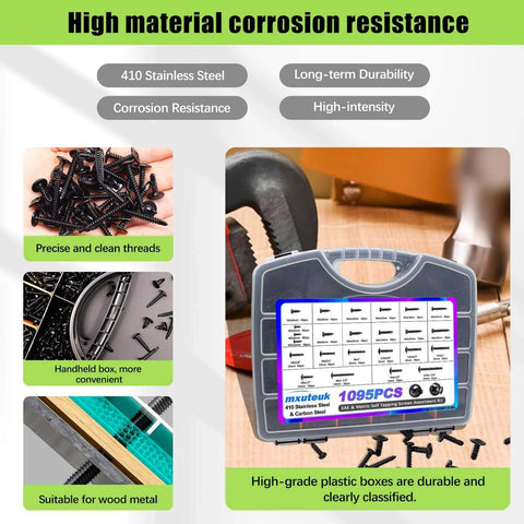 1095 Pcs Self Tapping Screws Assortment for Metal Wood and Plastic Including #8 #10 410 Stainless Steel and Carbon Steel Pan Head Screws.