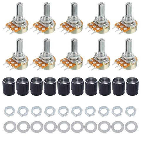 10 Pack 10K Linear Potentiometer Kit With Nuts And Washers And Aluminum Knob For Joysticks And Rotary Encoders, Durable Zinc Body