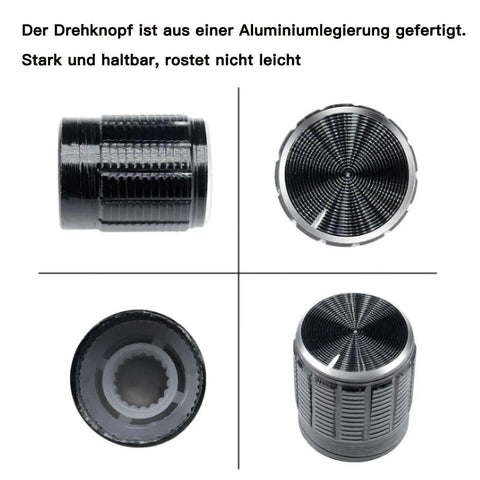 Four views of an aluminum joystick knob from the 10 Pack 10K Linear Potentiometer Kit with durable zinc body for DIY projects.