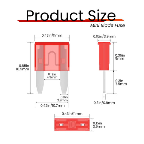 Product diagram of a Pack Of 25 10 Amp Mini Blade Fuses For Cars RVs Trucks SUVs Motorcycles And Boats High Conductivity Zinc Terminals.