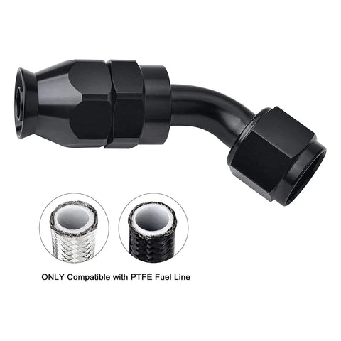 10AN PTFE Hose End Fitting, 45 degree black swivel fittings for PTFE fuel hose only, aluminum 6061 T6, 7/8-14 UNF thread.