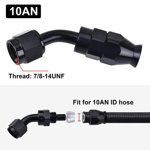 10AN PTFE Hose End Fitting, 45 degree black swivel fittings for PTFE fuel hose only, includes 7/8-14 UNF thread