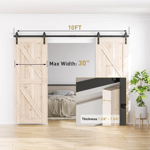 10 FT Double Sliding Barn Door Hardware Track Kit with J Shape Hanger, aluminum track system installed on wood slab doors in bedroom.