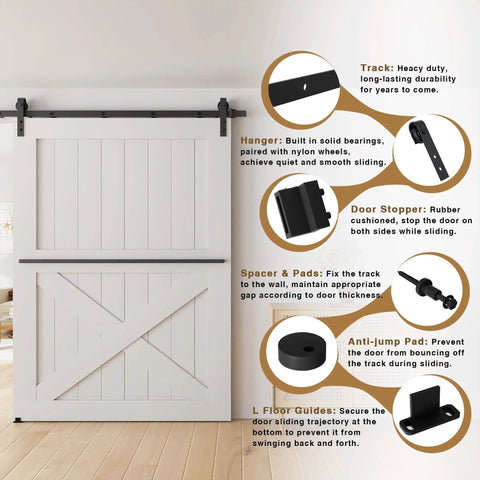 10FT Sliding Barn Door Hardware Kit with heavy duty carbon steel track, nylon rollers, and door stopper in bedroom setting