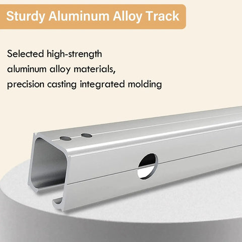 Close-up of a sturdy aluminum track for a 10ft Double Sliding Barn Door Hardware Kit With Low Clearance Aluminum Alloy Box Rail Rustproof Durable Track For Wooden Double Doors Quiet Roller System With Shock Absorbing Stoppers Easy To Install Hardware Only.