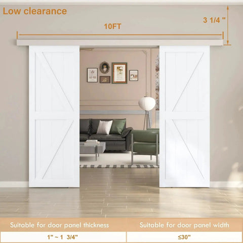 10ft Double Sliding Barn Door Hardware Kit With Low Clearance Aluminum Alloy Box Rail Rustproof Durable Track visible