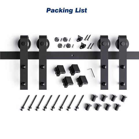 10 FT Double Door Sliding Barn Door Hardware Track Kit components with basic J pulley and screws, black powder coated finish