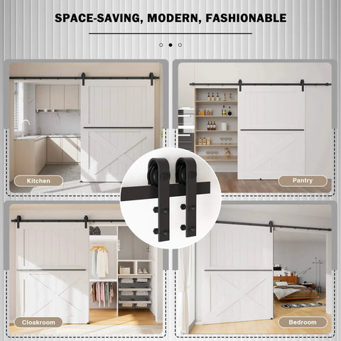 Spaces showcasing 10FT Sliding Barn Door Hardware Kit for Single Doors up to 60 Inch in kitchen, pantry, cloakroom, bedroom