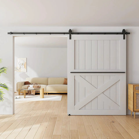 10FT Sliding Barn Door Hardware Kit for Single Doors up to 60 Inch installed in living room, heavy duty carbon steel track with nylon rollers.