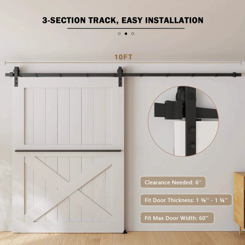 10FT Sliding Barn Door Hardware Kit for Single Doors up to 60 Inch, showing carbon steel track installation with nylon rollers