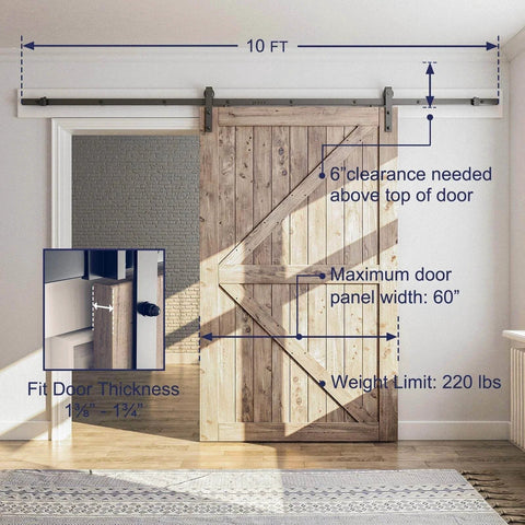 10FT Sliding Barn Door Hardware Kit, Heavy Duty Track-Smoothly and Quietly-Includes Detailed Installation Instruction Fit 60" Wide Door Panel (J Shape Hanger) Black installed on wall.