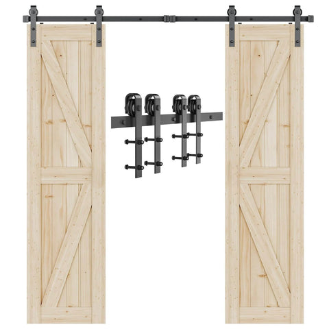 10 FT Double Sliding Barn Door Hardware Track Kit for Wood Slab Doors with J Shape Hanger, Heavy Duty Aluminum System