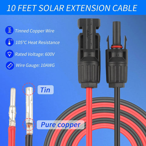 Solar Cable Entry Gland Kit With 10 Ft 10 AWG Extension Cable Through Roof For RV Waterproof MC4 Junction Box Housing Fits Boat Camper Van UV Resistant ABS Housing DIY Friendly Install Durable Outdoor Solar Connectors showing connector details and specifications