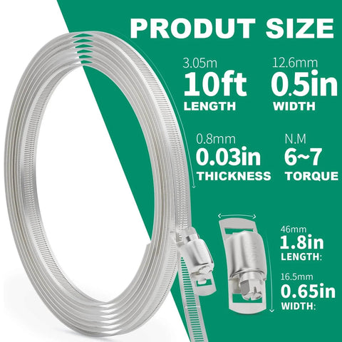 Ten Foot 304 Stainless Steel Hose Clamp Kit DIY Adjustable Worm Gear Metal Strapping With Holes And Eight Fasteners for pipes.