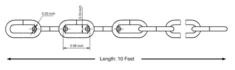 Diagram of 3/16-IN X 10-FT Heavy Duty Proof Coil Chain, Bright Zinc-Plated, 800lbs safe load, showing length and link measurements.